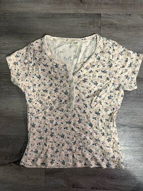 Lucky Brand Cream Short Sleeve Henley with Blue and Tan Floral Print